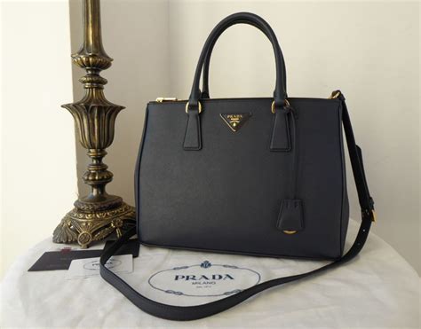 prada galleria double zip tote saffiano medium navy blue|Prada saffiano leather bag.